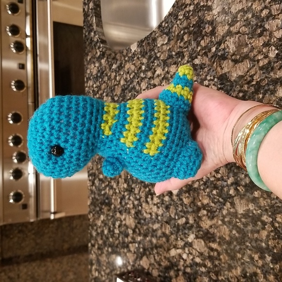 SOLD - Crochet  Small Turquoise T Rex - Picture 6 of 10